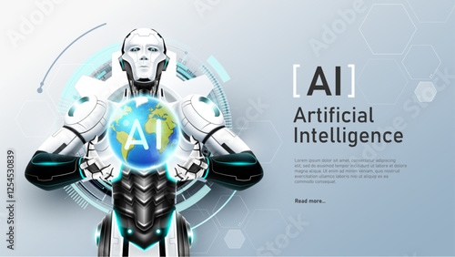 AI Artificial intelligence humanoid holding planet Earth on hand, Artificial Intelligence world technology disruption concept, vector illustration