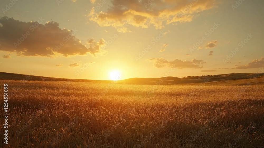 Golden wheat field at sunset with vibrant sky and soft clouds creating a peaceful landscape Golden wheat field at sunset with vibrant sky and soft clouds creating a peaceful landscape