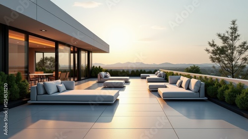 Minimalist rooftop garden with modern furniture  greenery  and mountain view 