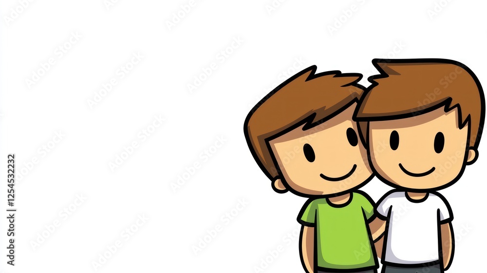 Happy boys hugging, white background, friendship, illustration. Use Children's book Happy boys hugging, white background, friendship, illustration. Use Children's book