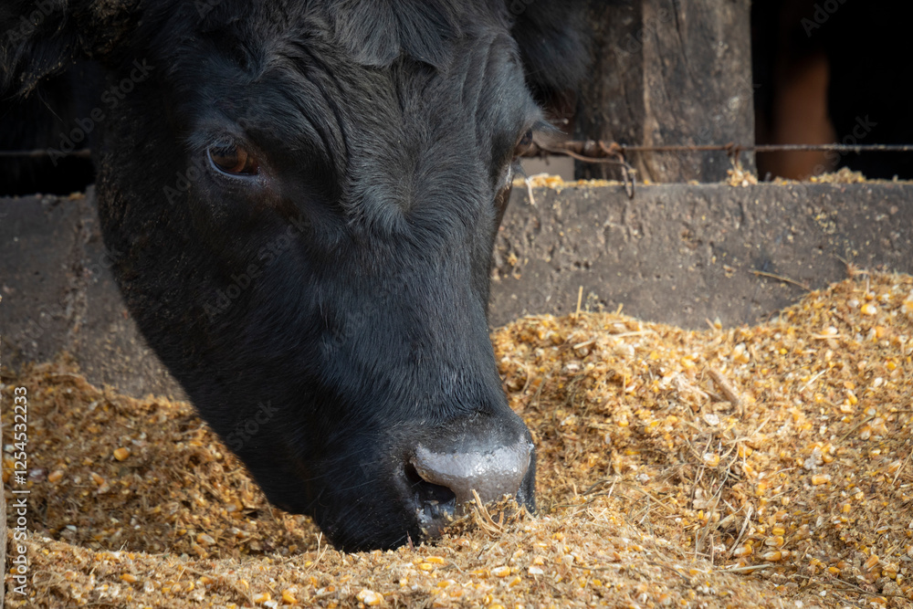 Fototapeta premium Aberdeen Angus Cattle Feeding in a Feedlot at Sunset