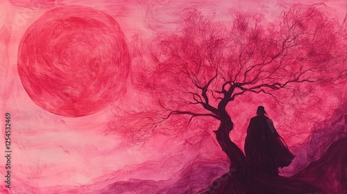 Silhouette of a person standing under a tree against a crimson sky and large red moon.  A mystical and dramatic scene.