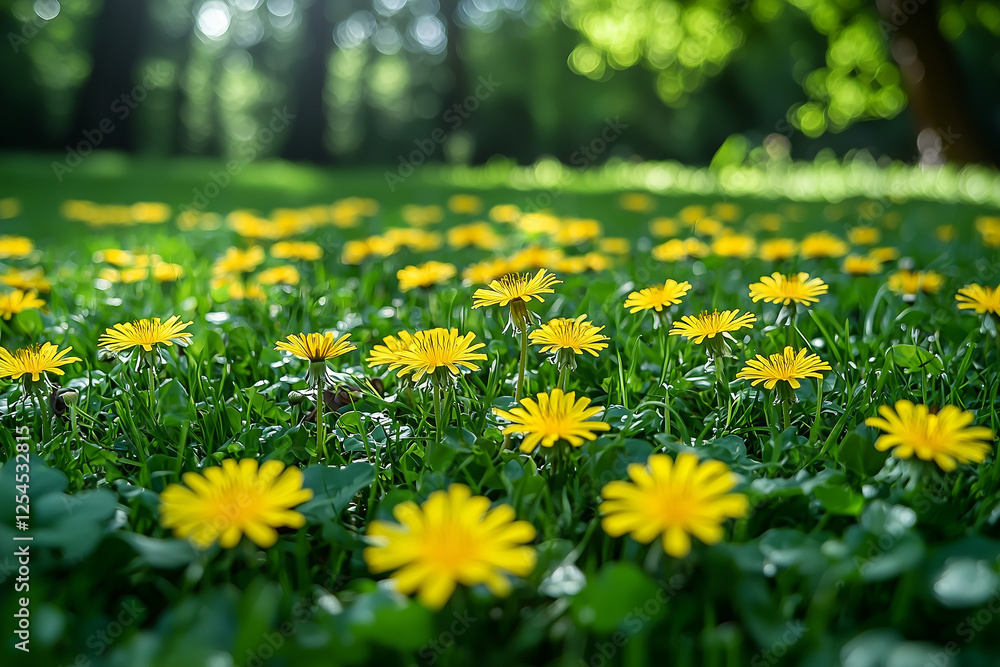 Fototapeta premium Dandelions scattered across a well-maintained lawn, their yellow petals brightening up the green landscape under the warm sun.
