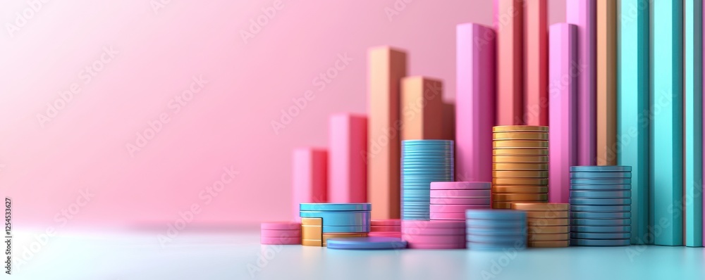 A colorful 3D representation of financial growth, featuring stacked bars and coins against a soft pink background, illustrating investment and prosperity. A colorful 3D representation of financial growth, featuring stacked bars and coins against a soft pink background, illustrating investment and prosperity.