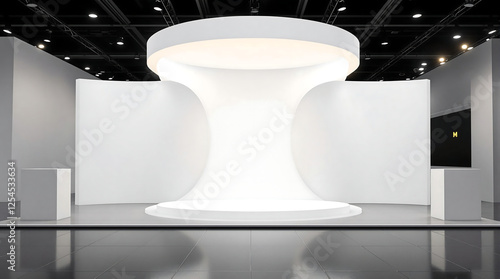 Modern, white exhibition stand with a unique central structure and blank walls. Ideal for trade show booth mockups, event design concepts, or visualizing brand presentations. Clean and minimalist.

