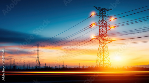 vibrant sunset illuminates energy efficient city grids, optimized by AI driven technology, with power lines stretching across horizon