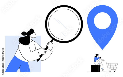 Person holding magnifying glass, large blue geolocation pin, person sitting on box near shopping cart. Ideal for search, location, navigation, shopping, e-commerce, analysis exploration concepts