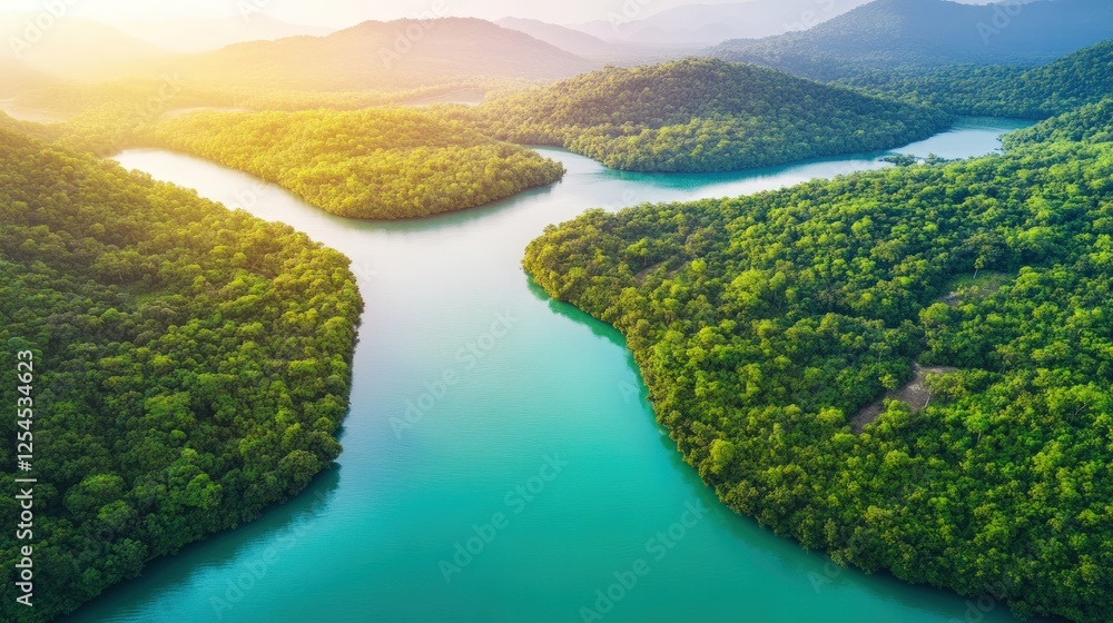 Aerial View Of Winding River Through Lush Green Tropical Forest Aerial View Of Winding River Through Lush Green Tropical Forest