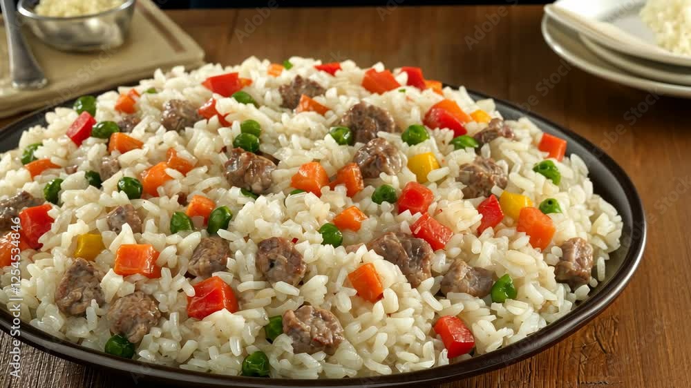Rice dish featuring seasoned meatballs, colorful vegetables, and a generous portion served in a round platter Rice dish featuring seasoned meatballs, colorful vegetables, and a generous portion served in a round platter