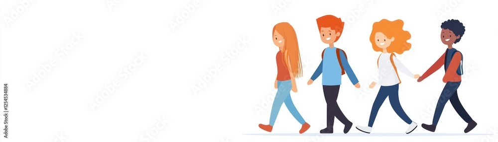 Diverse kids walk to school, happy background. Education website banner Diverse kids walk to school, happy background. Education website banner