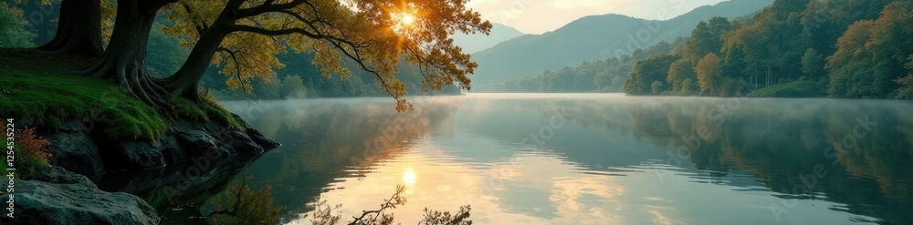 Fototapeta premium Reflections of tree branches in still waters of a peaceful lake, waters, silky