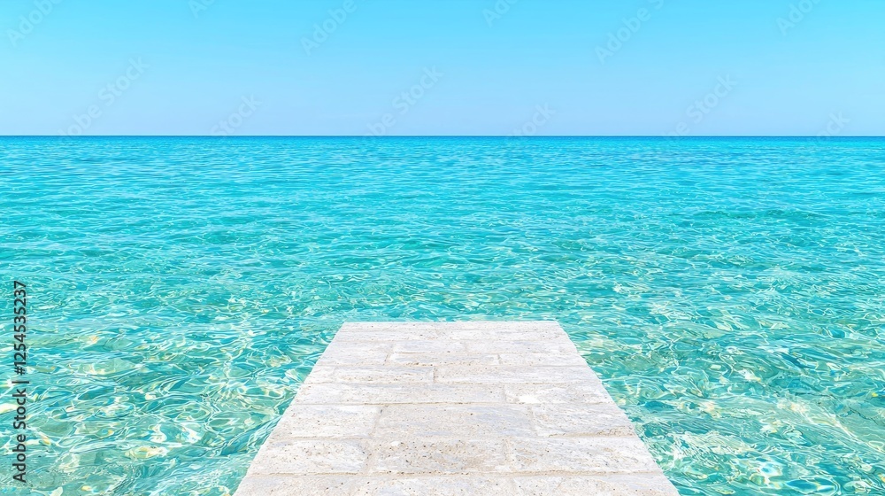 Fototapeta premium Stone pier leading into the clear turquoise sea under a bright blue sky during a sunny day.