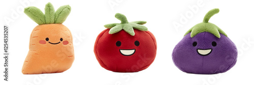 Cute Vegetable Plush Toys – Adorable Carrot, Tomato, and Eggplant with Happy Faces on transparent background