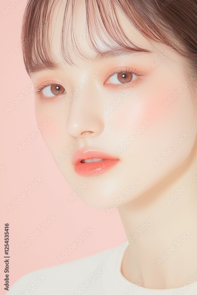 Soft Beauty Portrait of an Asian Woman with Pink Blush and Radiant Skin Soft Beauty Portrait of an Asian Woman with Pink Blush and Radiant Skin