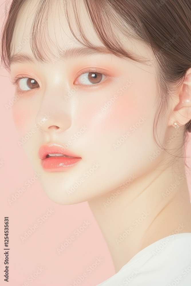 Soft Beauty Portrait of an Asian Woman with Pink Blush and Radiant Skin Soft Beauty Portrait of an Asian Woman with Pink Blush and Radiant Skin