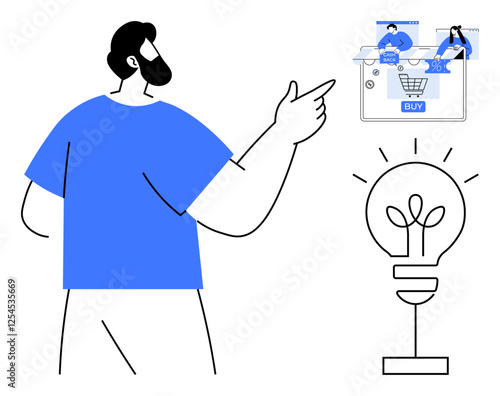 Man in blue shirt points at online shopping cart with avatars, lightbulb below signifying creativity. Ideal for e-commerce, innovation, online shopping, creative thinking, digital marketing