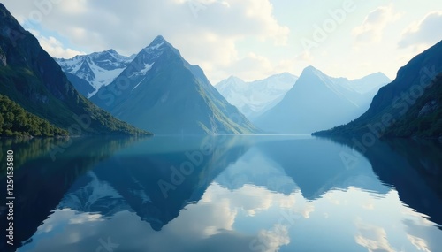 Reflective calmness of mountain range mirrored on lake surface, fjords, nature