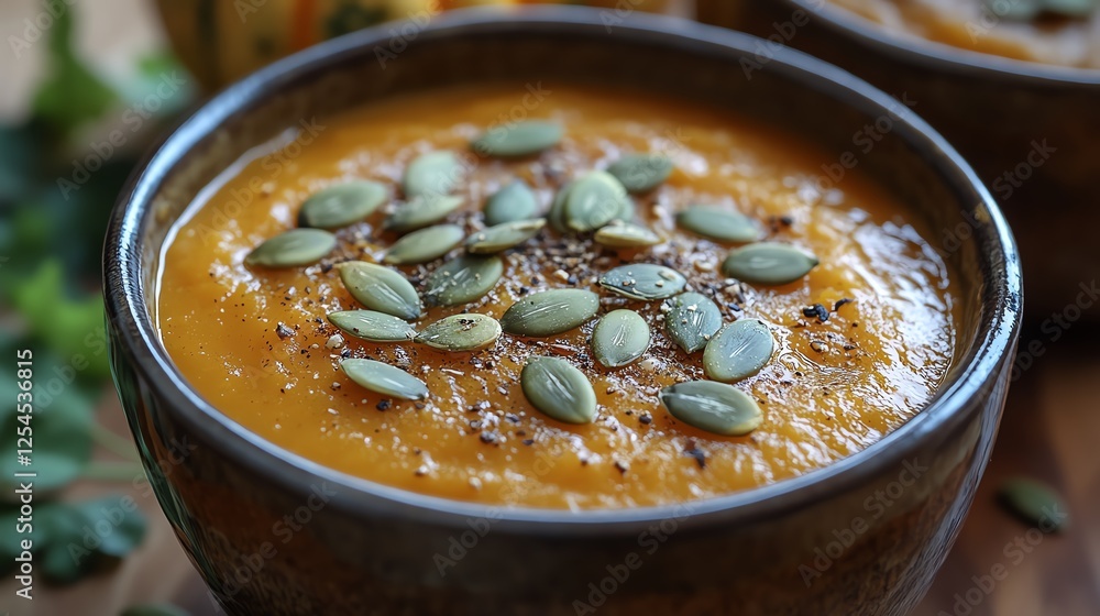 Delicious pumpkin soup topped with roasted pumpkin seeds, showcasing a rich and creamy texture. Perfect for cozy dinners or seasonal gatherings, it embodies warmth and comfort. Delicious pumpkin soup topped with roasted pumpkin seeds, showcasing a rich and creamy texture. Perfect for cozy dinners or seasonal gatherings, it embodies warmth and comfort.