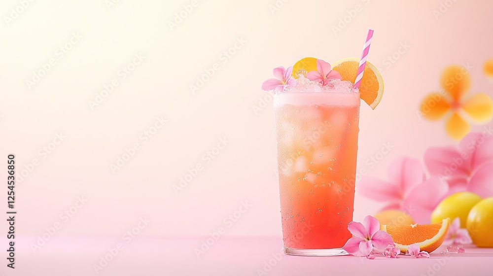 Refreshing tropical drink with fruit garnishes and pink flowers on a pastel background Refreshing tropical drink with fruit garnishes and pink flowers on a pastel background