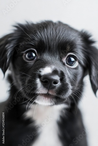 A close-up of a puppy with big, curious eyes and a tilted head photo