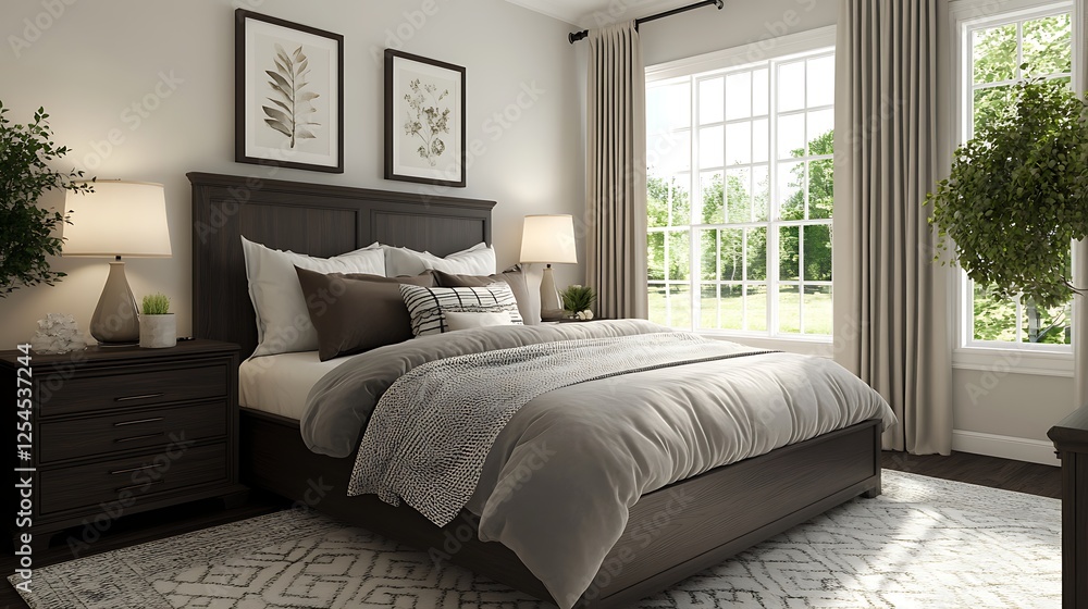 Fototapeta premium cozy bedroom with dark wood and plush bedding 