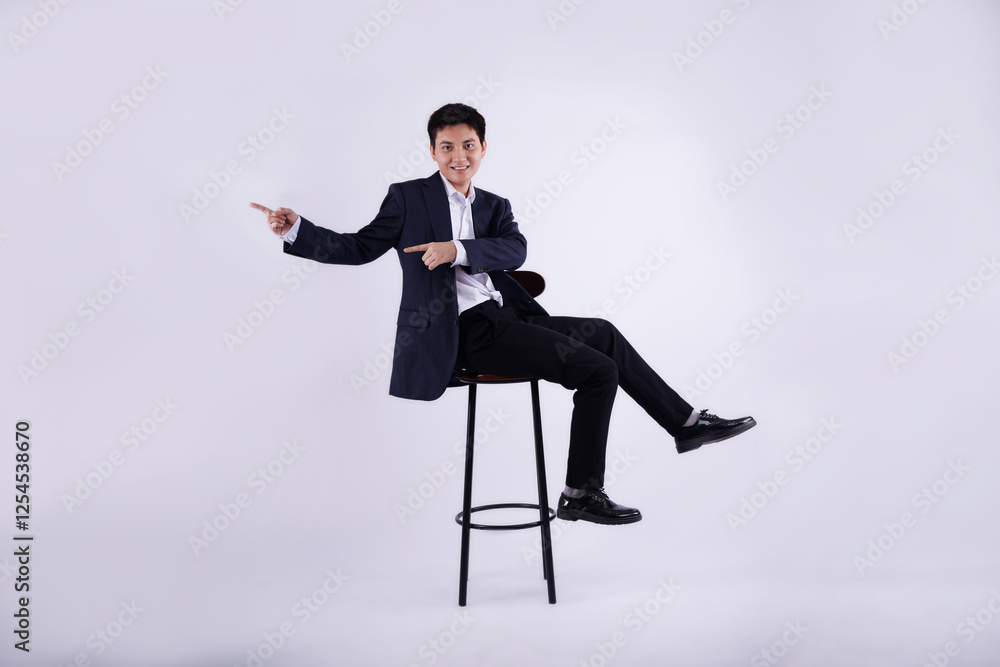 Full body image of young Asian business man sitting in chair on white background Full body image of young Asian business man sitting in chair on white background