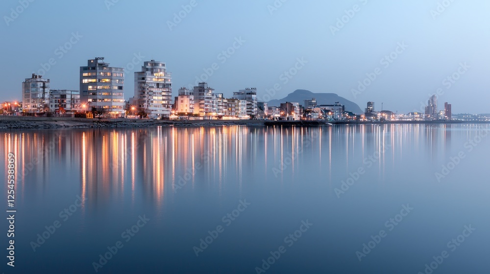 Naklejka premium Coastal city skyline at twilight. Buildings reflected in calm water. Possible use Stock photo for travel, real estate, or architecture