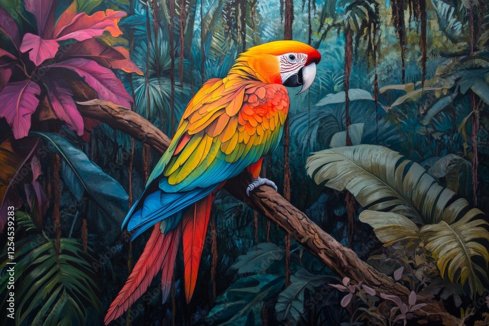 Fototapeta premium A colorful parrot perched on a branch in a tropical jungle