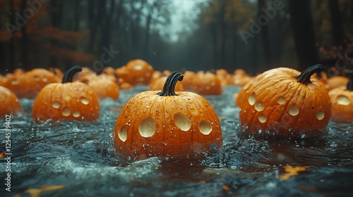 A floating pumpkin farm suspended in midair above an endless autumn forest photo