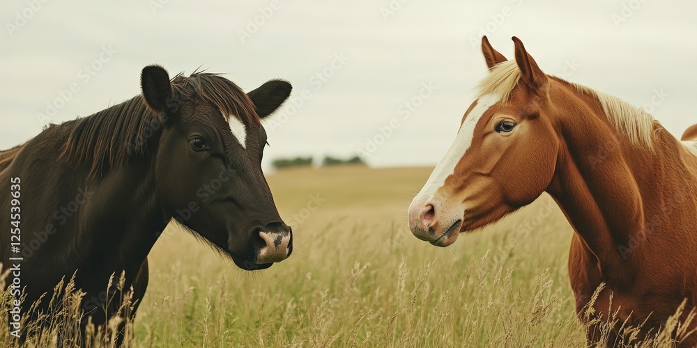 Fototapeta premium A cow and a horse standing together in a pasture