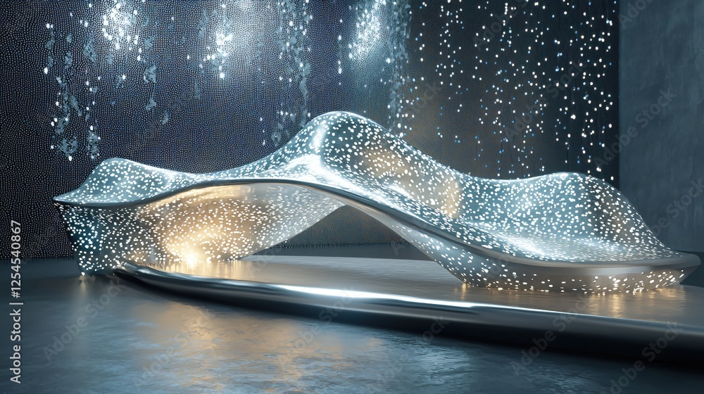 Futuristic silver structure with glowing dots and dark background creating a modern ambiance Futuristic silver structure with glowing dots and dark background creating a modern ambiance