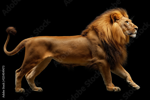 Majestic Full-Body Profile of a Powerful Male Lion with a Luxurious Mane Against a Black Background photo