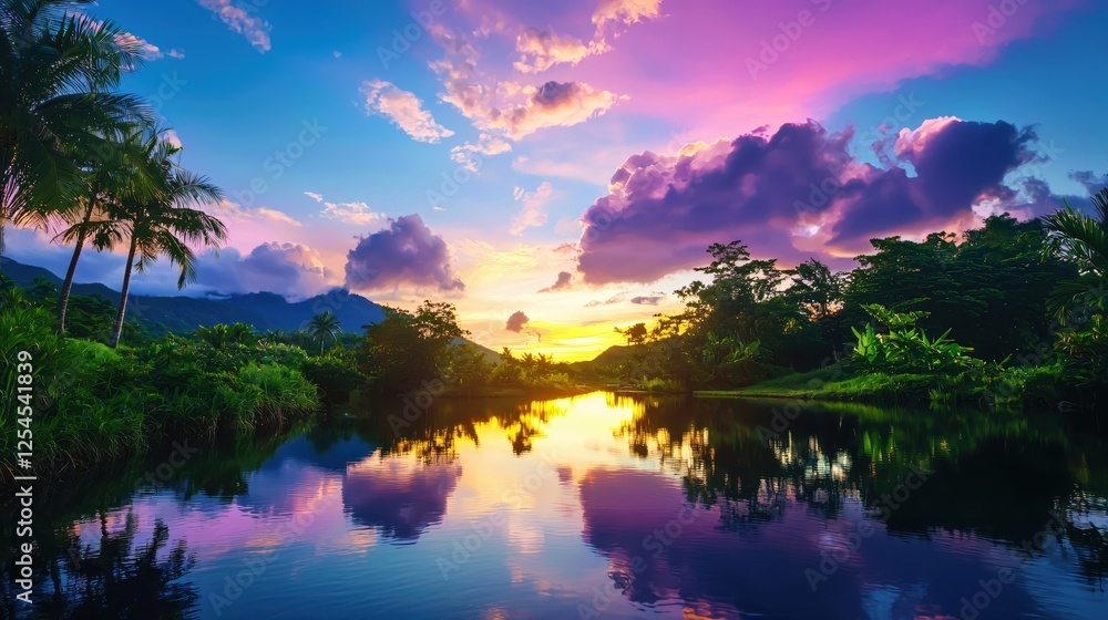 Tropical paradise sunset with palm trees reflecting in calm water under vibrant sky Tropical paradise sunset with palm trees reflecting in calm water under vibrant sky