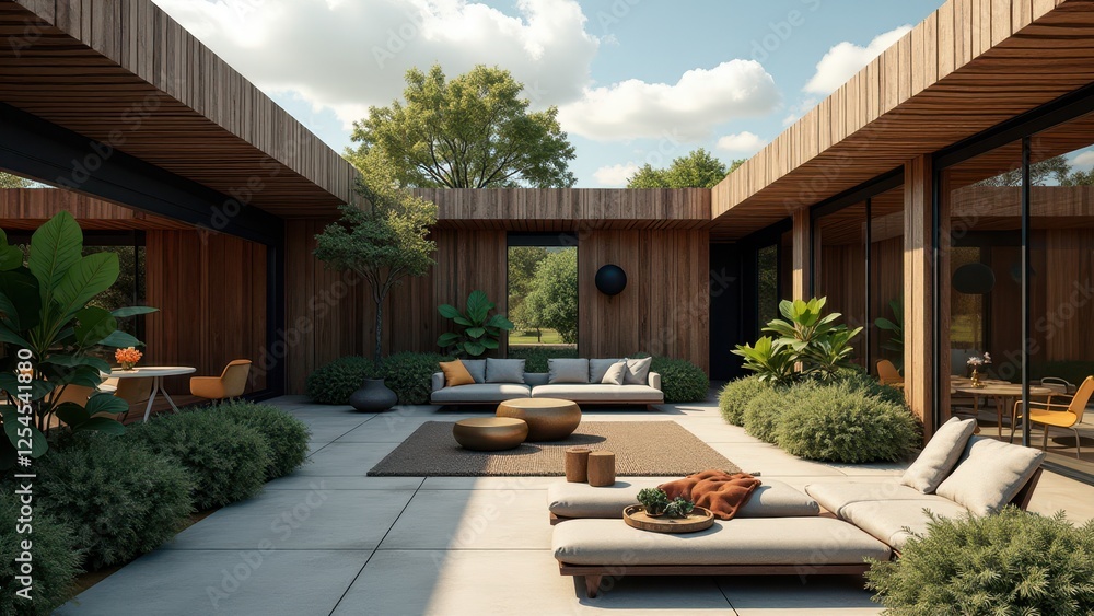 Modern rooftop garden with lush greenery, outdoor furniture, and dining area Modern rooftop garden with lush greenery, outdoor furniture, and dining area