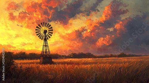 Dramatic Prairie Sunset Windmill Silhouette Painting Capturing Golden Hour Light and Rural Charm
