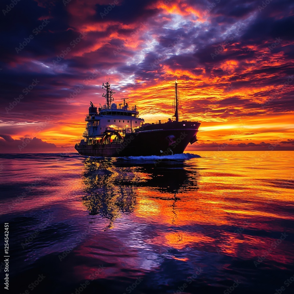 Majestic Cargo Ship Sailing on Golden Sea at Sunset with Vibrant Sky Reflecting in the Water Majestic Cargo Ship Sailing on Golden Sea at Sunset with Vibrant Sky Reflecting in the Water