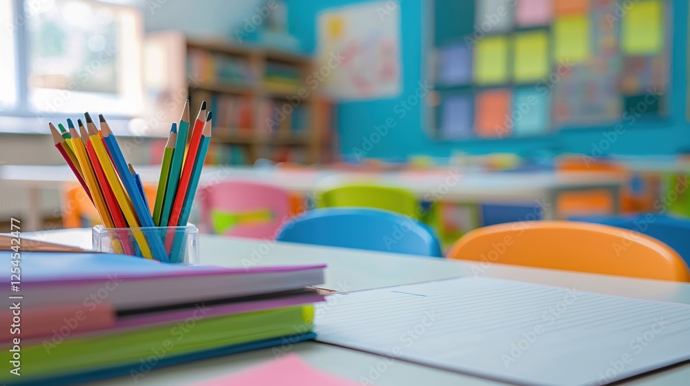 Colorful pencils and notebooks on a desk in an empty classroom ready for students Colorful pencils and notebooks on a desk in an empty classroom ready for students