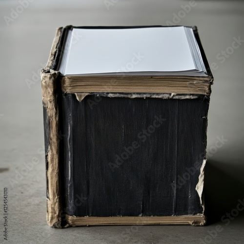 Worn Dark Rectangular Book with Blank White Page on Gray Background photo