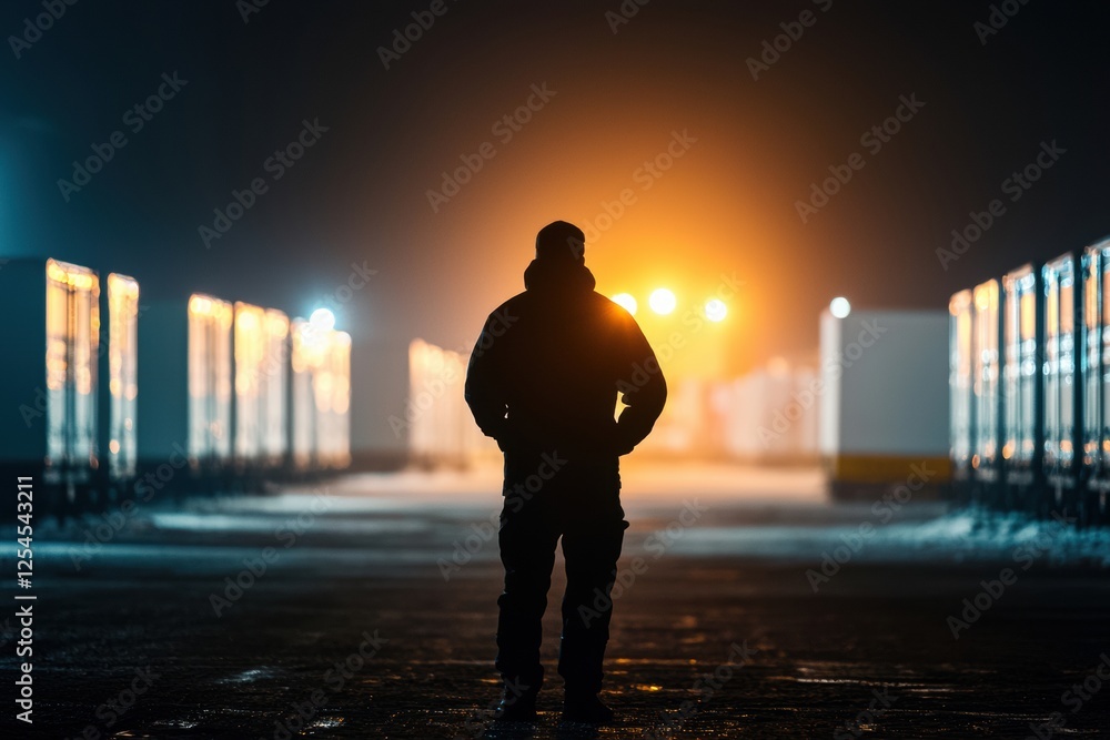 Fototapeta premium Experienced Professional in Dark Warehouse Maintaining Production Lines at Night