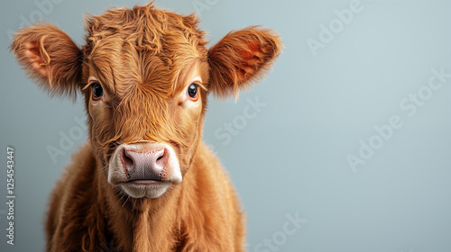 Highland calf portrait with fluffy ginger fur gazing at camera against blue background, showcasing adorable farm animal personality and innocent expression photo