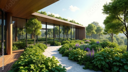 Spacious urban rooftop garden with trees  shrubs  walking path  and city view 