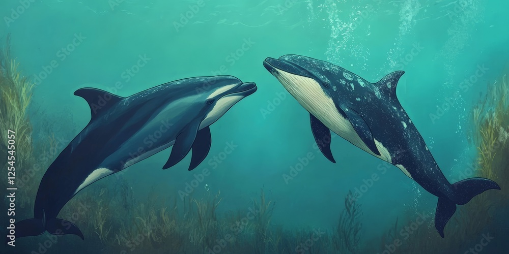 Fototapeta premium A dolphin and a whale swimming together in the ocean