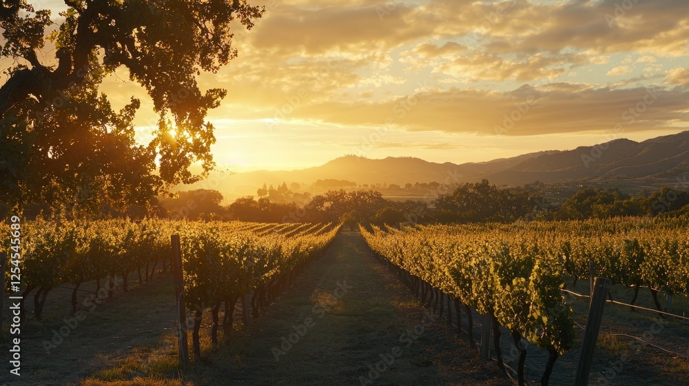 Obraz premium Golden Hour Over Vineyard Landscape with Lush Green Grapevines
