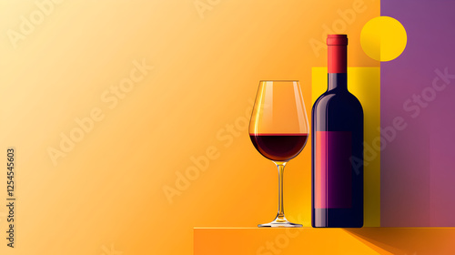 Vector illustration colorful bright bottle of wine and a glass of wine or alcoholic drink on a yellow background. photo