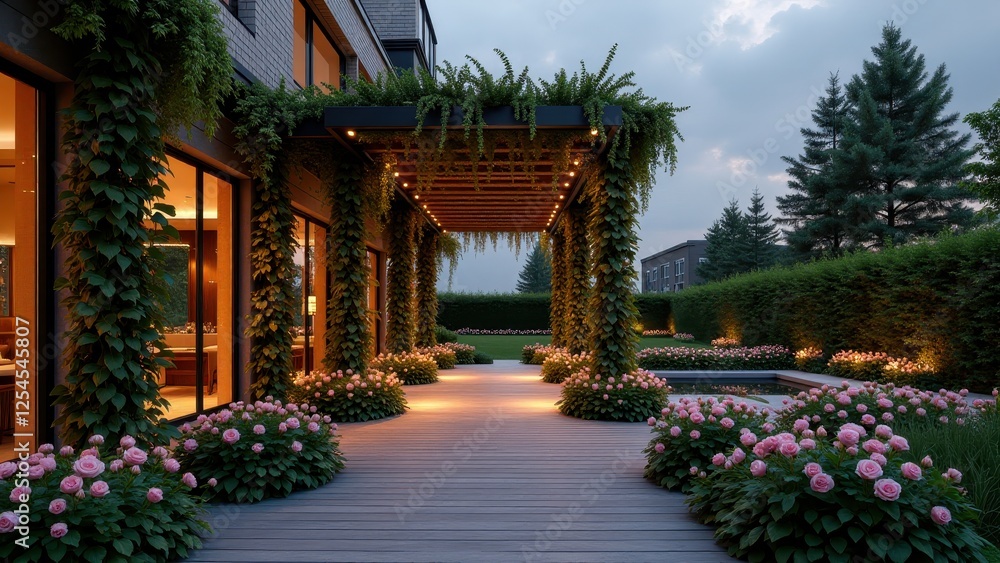 Obraz premium Rooftop garden with pergola, string lights, lush greenery, and seating area 