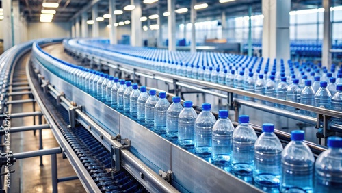 A large conveyor belt with rows of plastic bottles filled with water moving swiftly along the production line, plastic container, manufacturing process