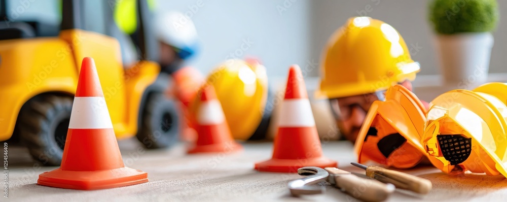 Fototapeta premium Construction Safety Equipment Still Life with Hard Hats Cones and Tools on a Light Surface
