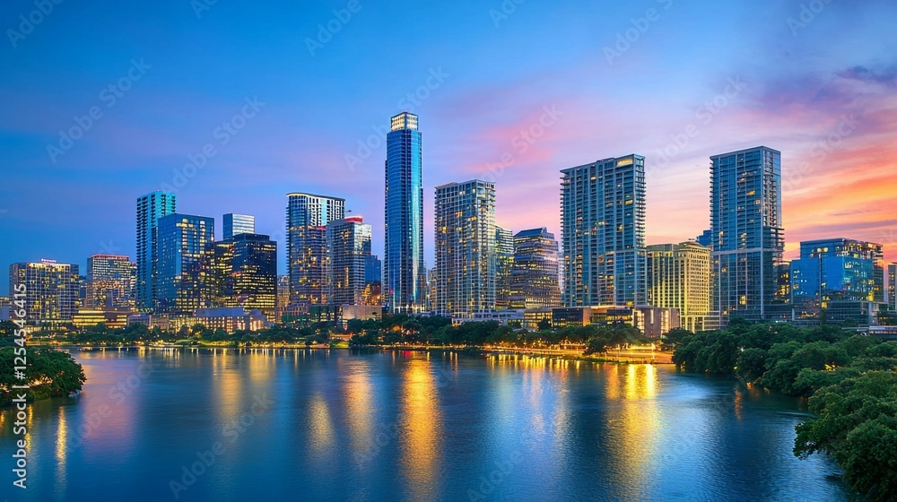 Naklejka premium Beautiful Evening Skyline of Austin with Vibrant City Lights