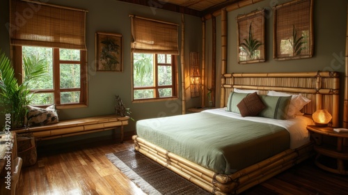 A hotel room designed with eco-friendly materials  featuring bamboo furniture and organic cotton linens.