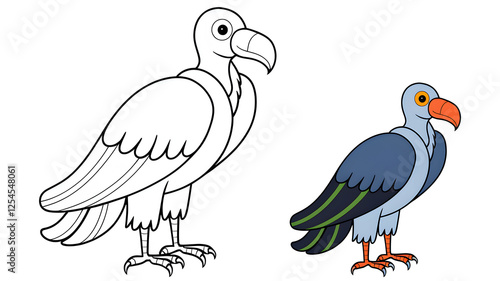 Cartoon-style coloring page of a blue feathered vulture with a colored example for kids' activities, fun learning books, isolated on white background